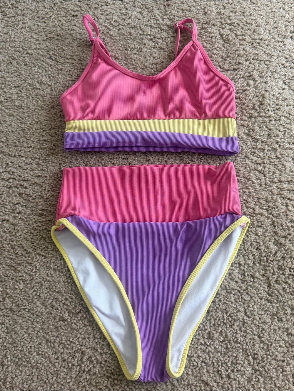 High-Waist Colorblock Bikini in Pink, Purple & Yellow
